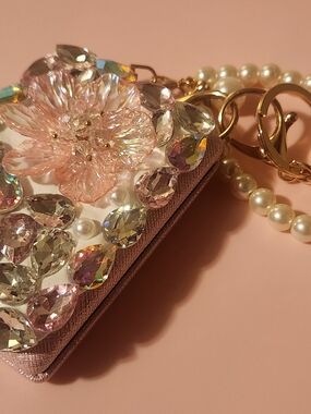 Pink Crystal Flower Charm Phone Wallet Keychain